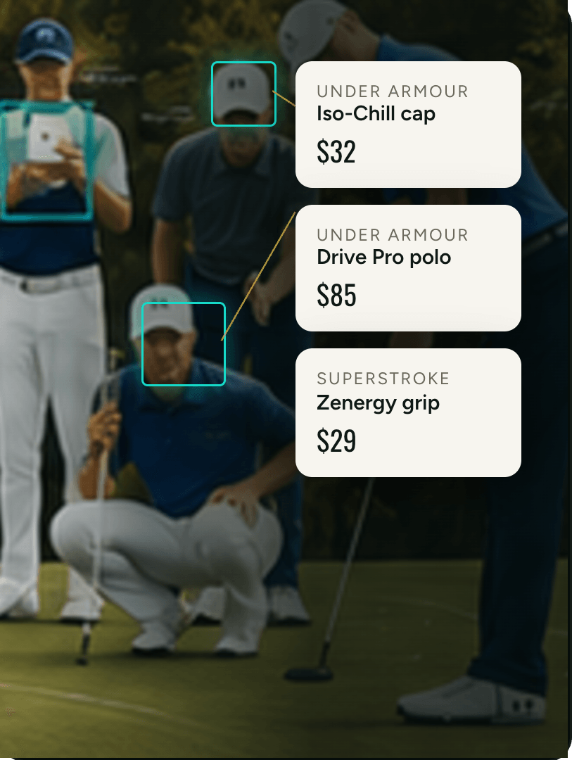 Hotspots on a cap and polo in a golf photo link to product cards with prices.