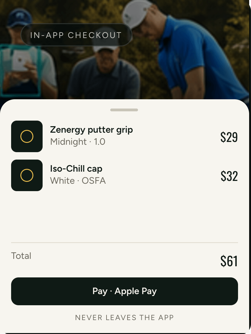 An in-app checkout sheet slides over the photo with two items and an Apple Pay button.